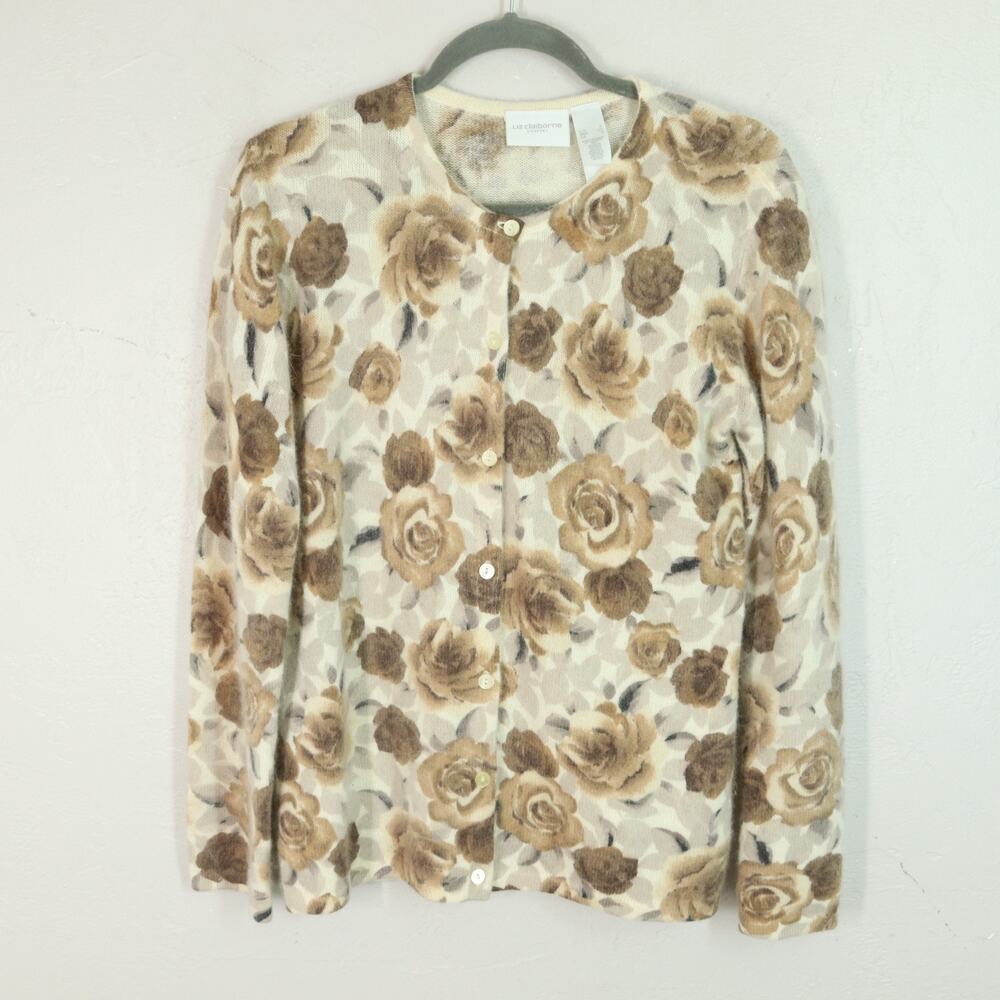Liz Claiborne Cardigan Sweater S Brown Creme Floral Lamb Wool Angora Button